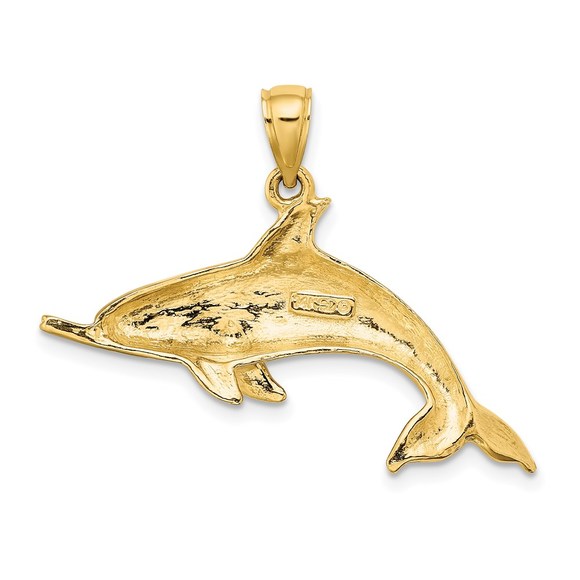 14k Yellow Gold Polished Swimming Dolphin Nautical Necklace Charm Pendant - Picture 4 of 4